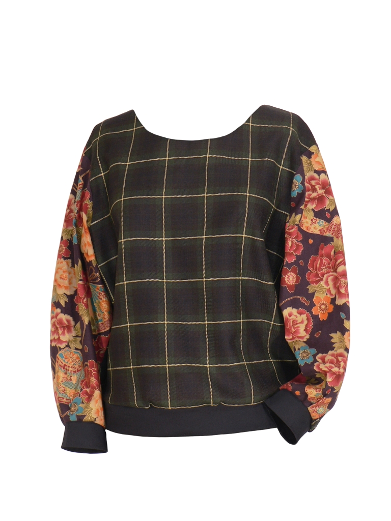 Sweat tartan bi-matière en laine et coton japonais