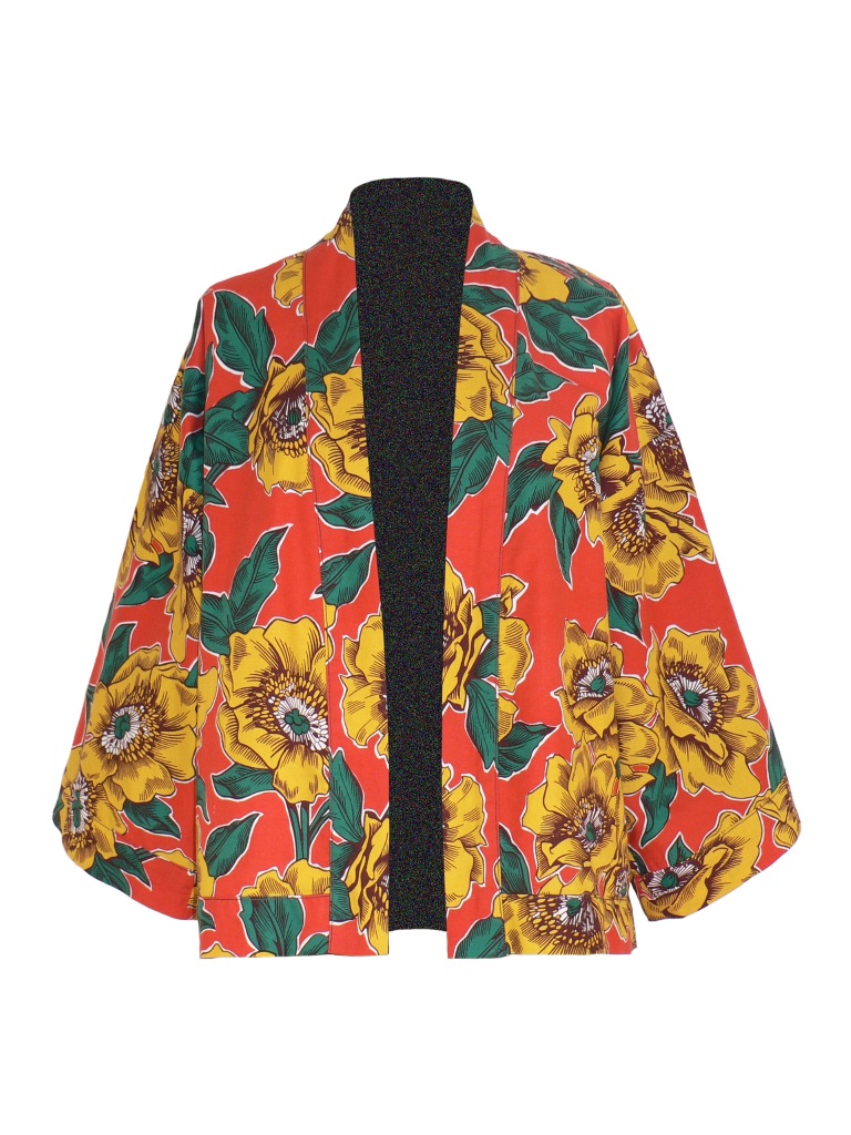 Kimono court en coton imprimé pivoines