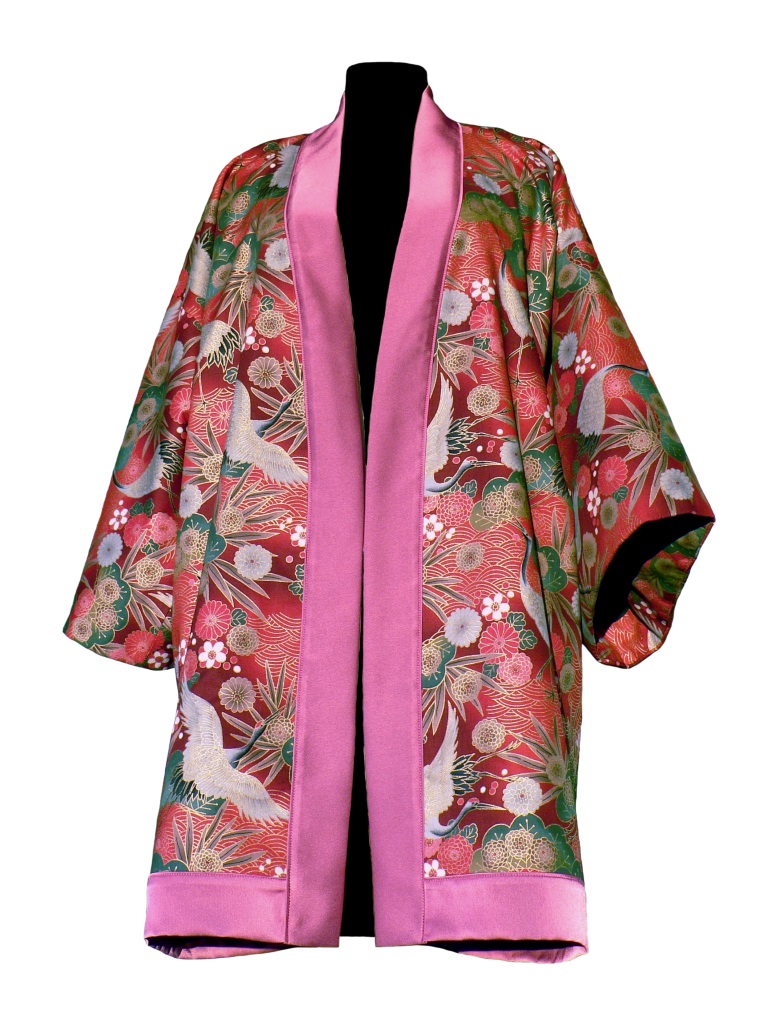 Kimono en laine et coton japonais rouge imprimé grues