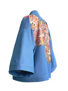 Kimono court en jean et coton japonais brodé
