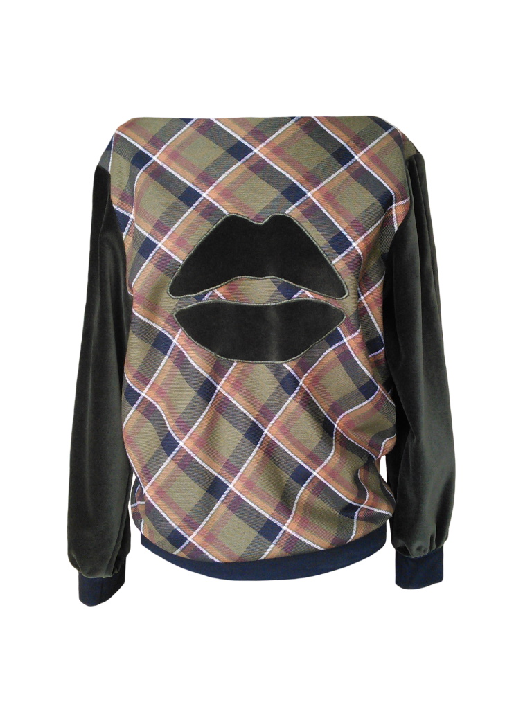 Sweat col bateau en laine tartan mélangée et velours de coton brodé