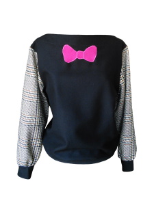 Sweat col bateau en laine noire et prince de Galles