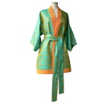 Kimono long en jacquard de soie vert et jaune safran