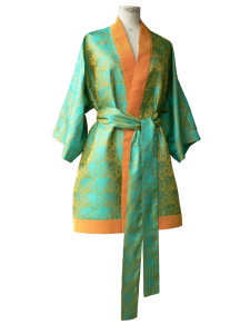 Kimono long en jacquard de soie vert et jaune safran