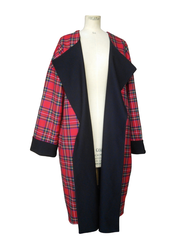 Manteau réversible en jersey de viscose et laine tartan rouge