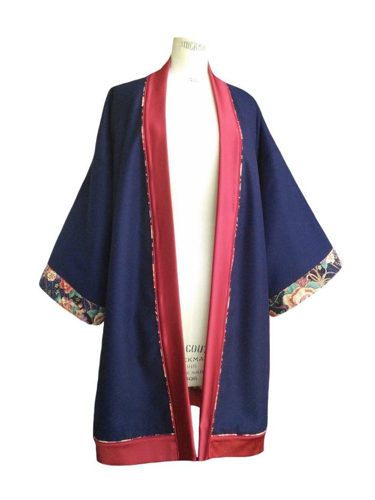 Kimono long en laine bleu marine et coton japonais vintage