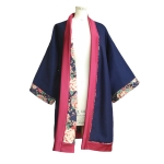 Kimono long en laine bleu marine et coton japonais vintage