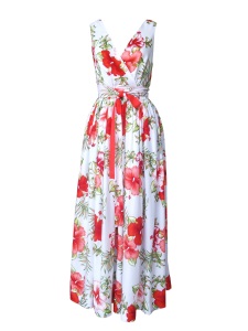 Robe dos nu en voile de viscose imprimé hibiscus rouges