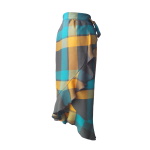 Jupe portefeuille asymétrique en laine tartan kaki, vert paon et jaune moutarde