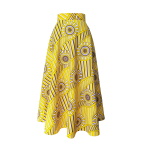 Robe trompe-l'œil en wax jaune imprimé spirales - Jupe midi à godets