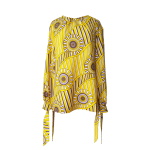 Robe trompe-l'œil en wax jaune imprimé spirales - Blouse esprit seventies à manches nouées