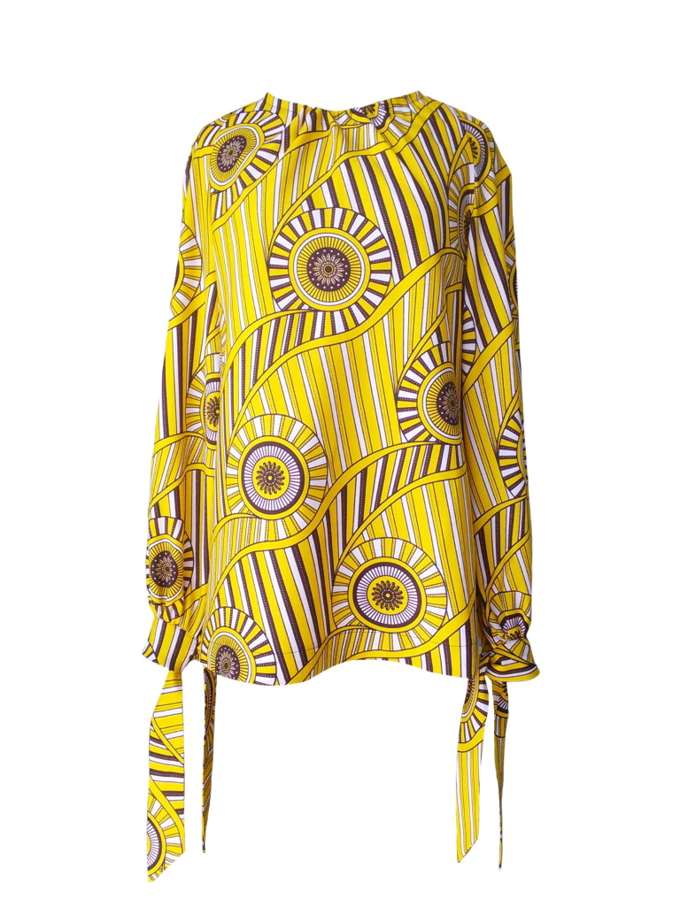 Robe trompe-l'œil en wax jaune imprimé spirales - Blouse esprit seventies à manches nouées