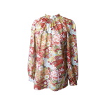 Blouse à col montant en coton japonais imprimé fleurs et grues