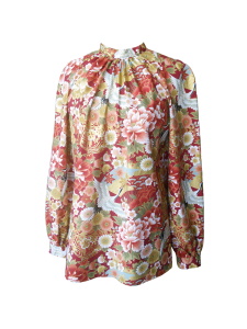 Blouse à col montant en coton japonais imprimé fleurs et grues