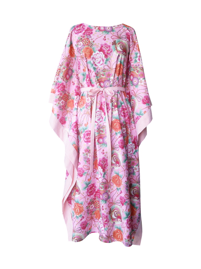 Caftan long en coton japonais rose et finitions rayées