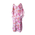 Caftan long en coton japonais rose et finitions rayées