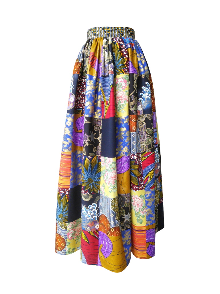 Jupe longue taille froncée en patchwork de coton japonais et wax