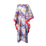 Caftan long en coton japonais bleu et finitions rouge corail