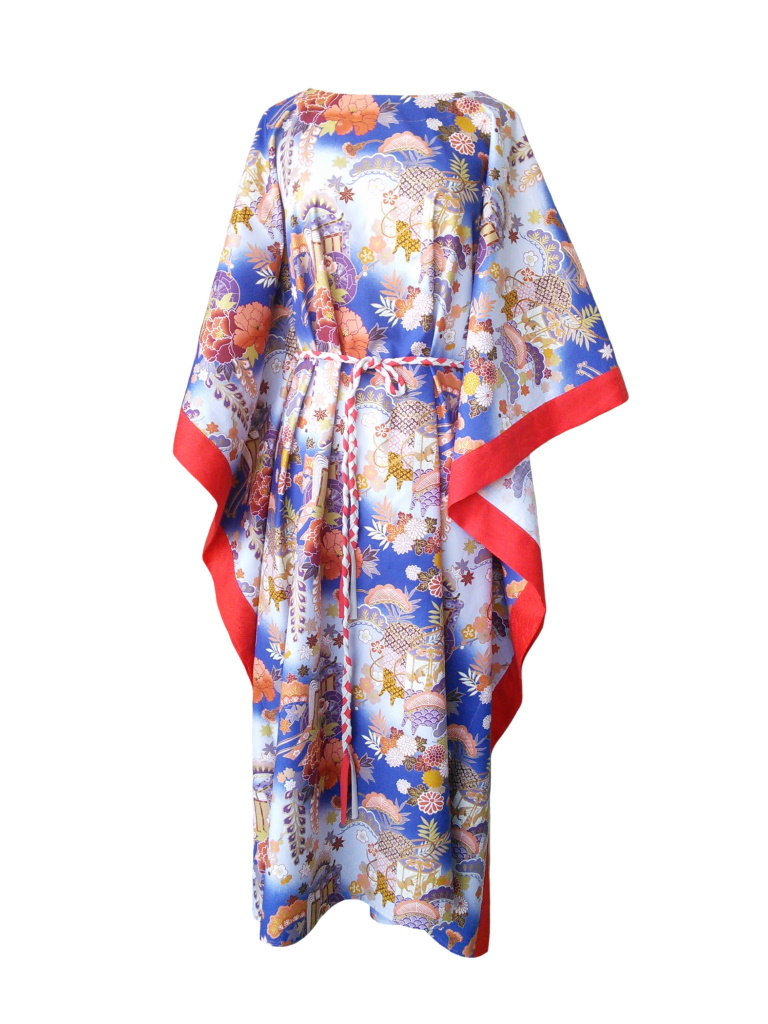 Caftan long en coton japonais bleu et finitions rouge corail