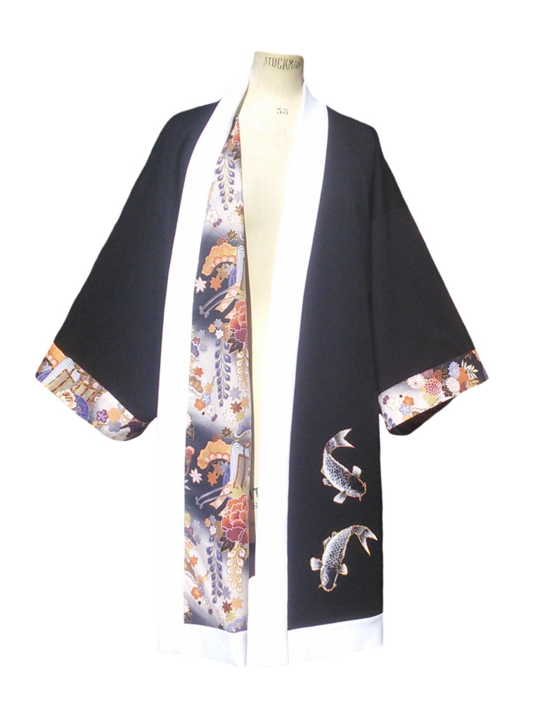 Kimono long réversible en jersey de viscose, coton japonais et carpes brodées