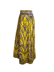 Jupe longue drapée en wax imprimé végétal jaune et bordeaux