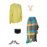 Idée look - Jupe portefeuille asymétrique en laine tartan kaki, vert paon et jaune moutarde