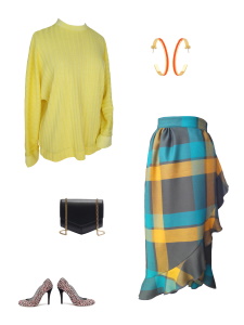 Idée look - Jupe portefeuille asymétrique en laine tartan kaki, vert paon et jaune moutarde