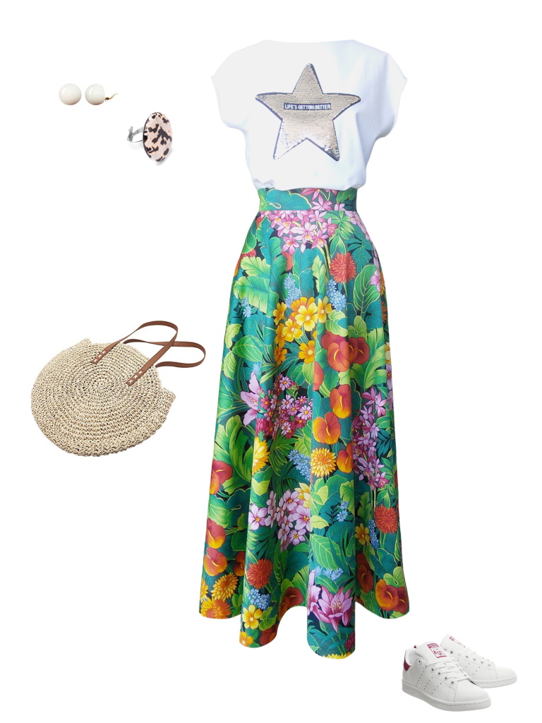 Idée look - Jupe longue en satin de coton à imprimé tropical fleurs et feuillage