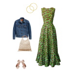 Idée look - Robe longue évasée à volant en wax imprimé algues marines