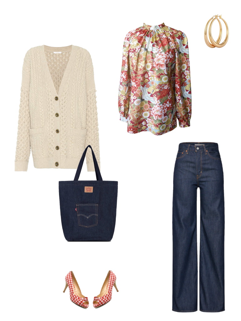 Idée look - Blouse à col montant en coton japonais imprimé fleurs et grues