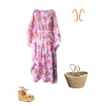 Idée look - Caftan long en coton japonais rose et finitions rayées