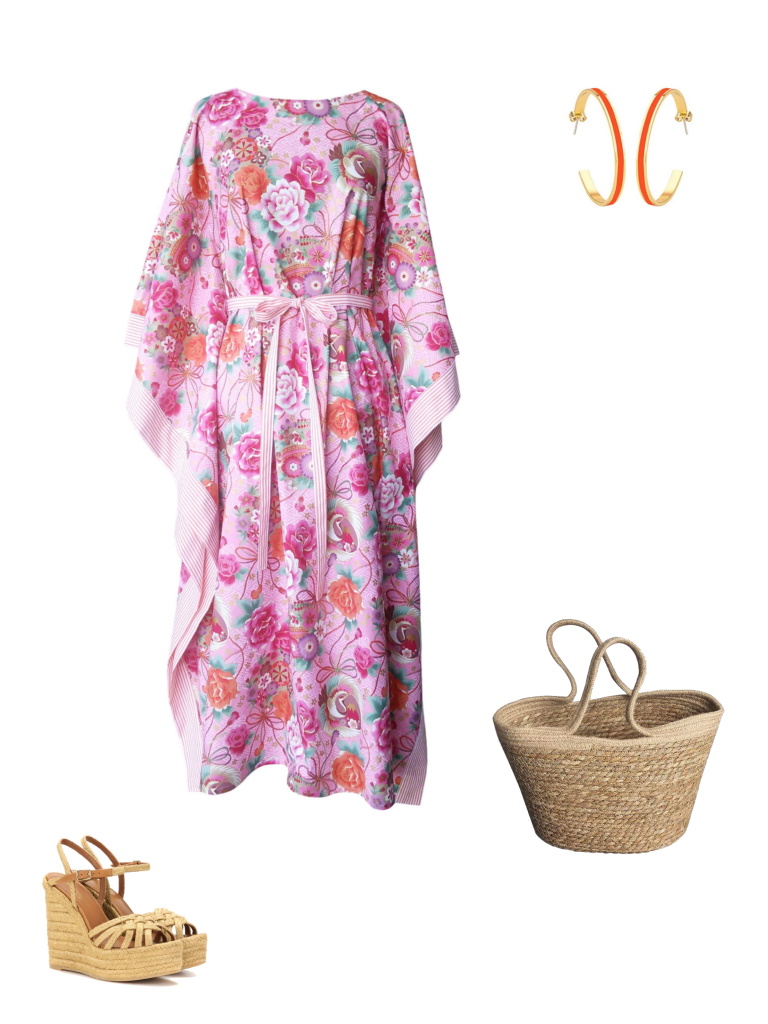 Idée look - Caftan long en coton japonais rose et finitions rayées