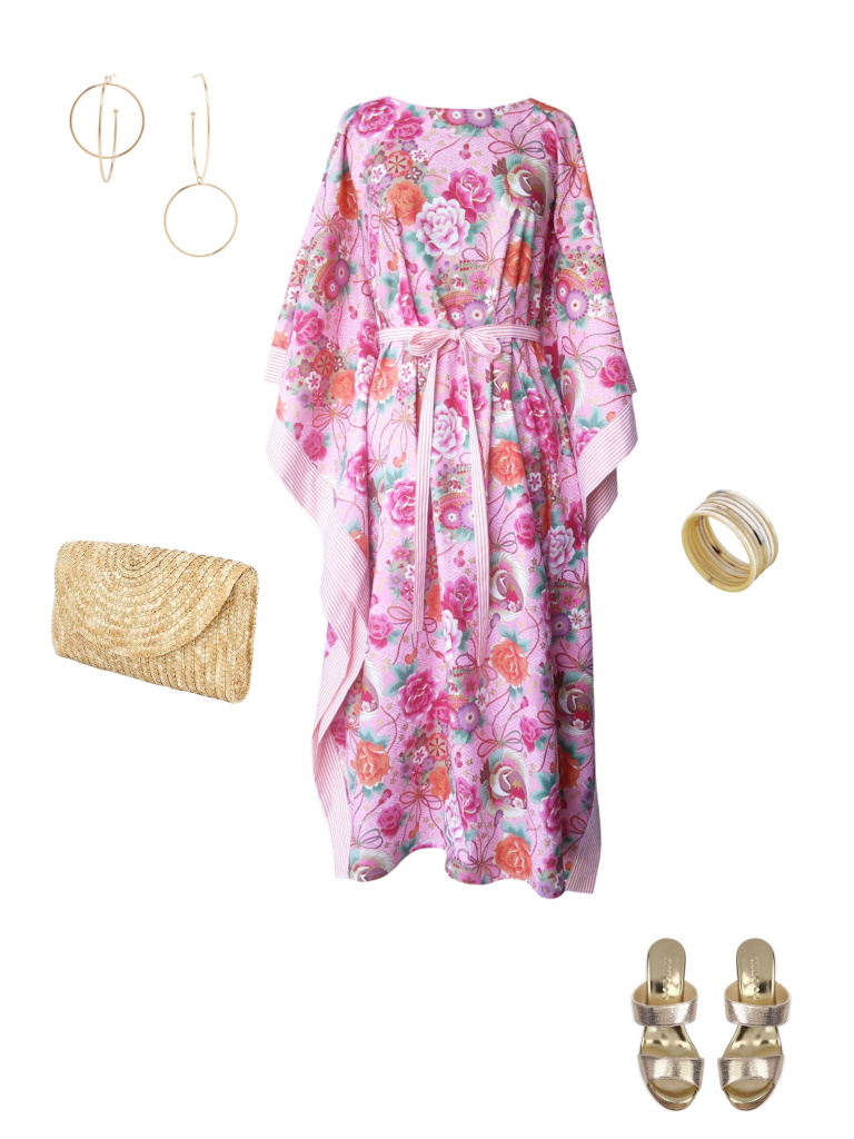 Idée look - Caftan long en coton japonais rose et finitions rayées