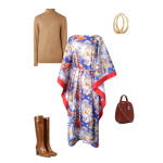 Idée look - Caftan long en coton japonais bleu et finitions rouge corail