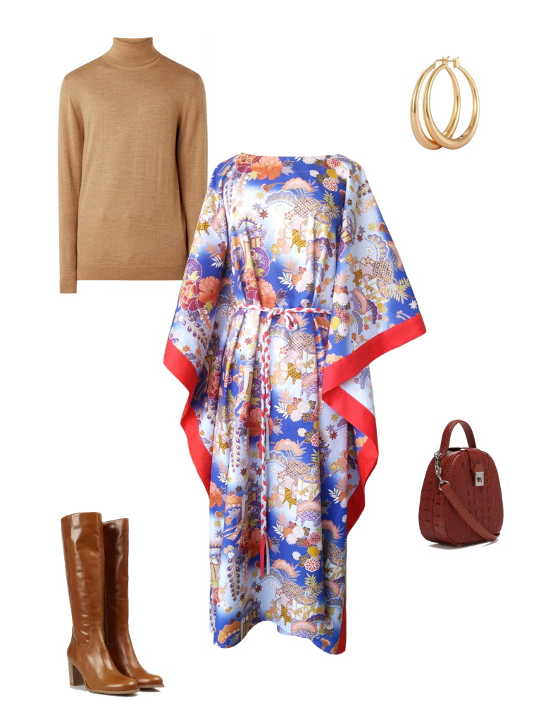Idée look - Caftan long en coton japonais bleu et finitions rouge corail