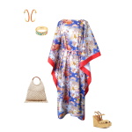 Idée look - Caftan long en coton japonais bleu et finitions rouge corail