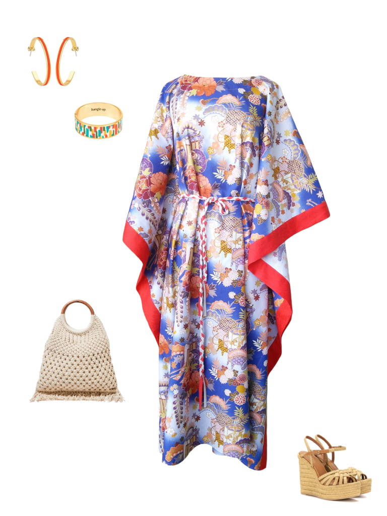 Idée look - Caftan long en coton japonais bleu et finitions rouge corail