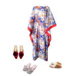 Idée look - Caftan long en coton japonais bleu et finitions rouge corail