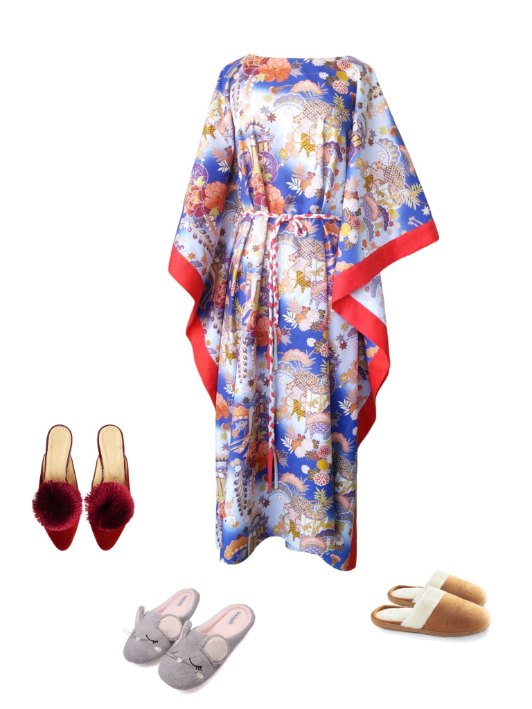 Idée look - Caftan long en coton japonais bleu et finitions rouge corail