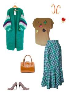 Idée look - Jupe portefeuille à volant frangé en laine tartan vert émeraude