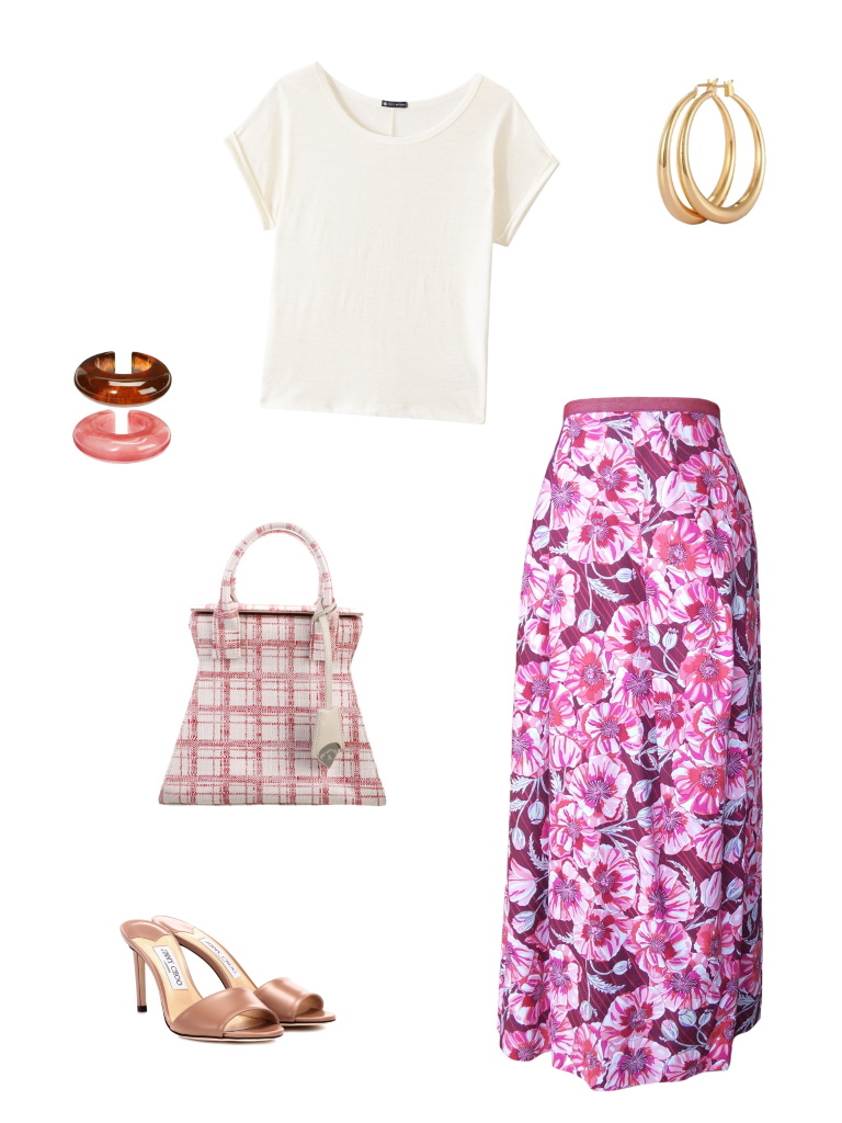 Idée look - Jupe portefeuille en coton imprimé fleurs de pavot et rayures
