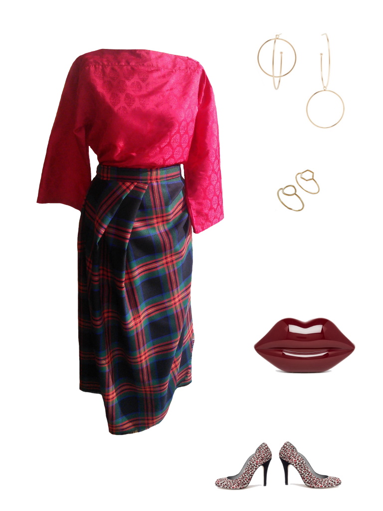 Idée look - Jupe portefeuille drapée en laine tartan mélangée noire et rouge
