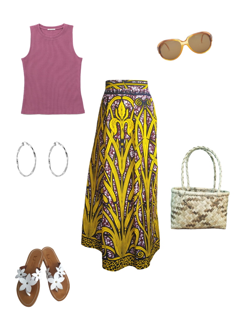 Idée look - Jupe longue drapée en wax imprimé végétal jaune et bordeaux
