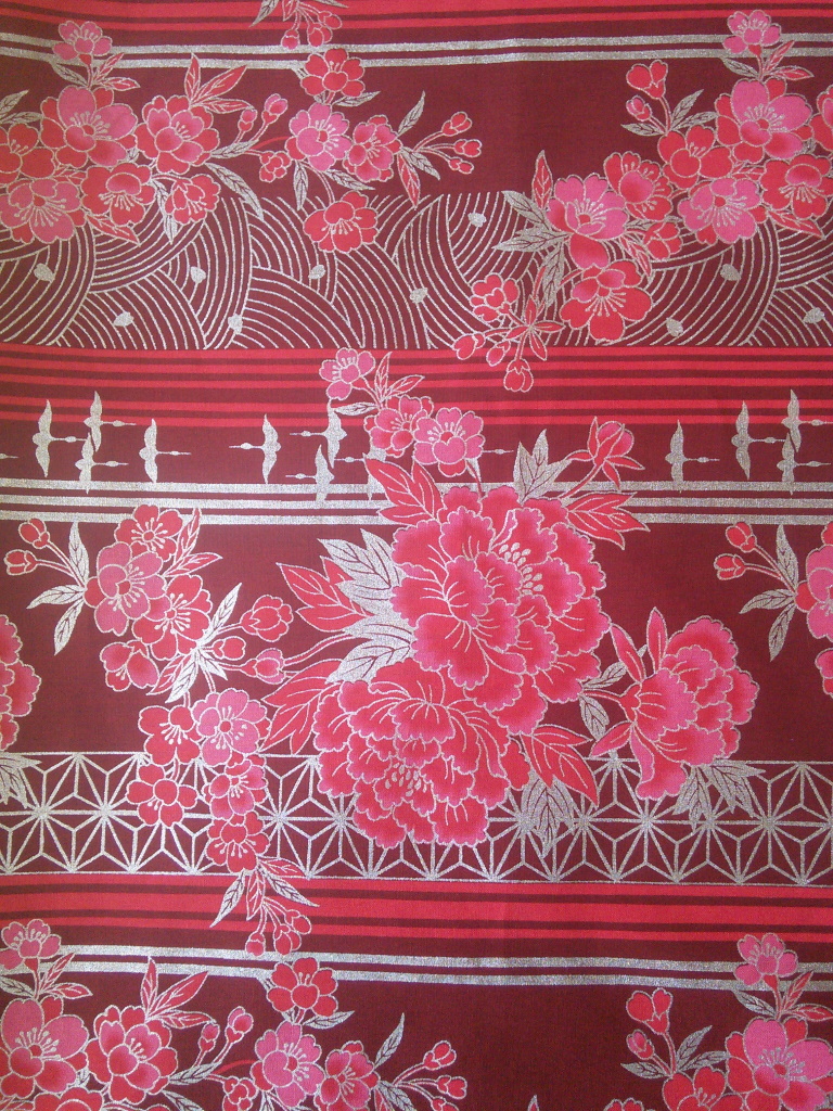 Coton japonais rouge et rose imprimé pivoines, rayures et petites grues